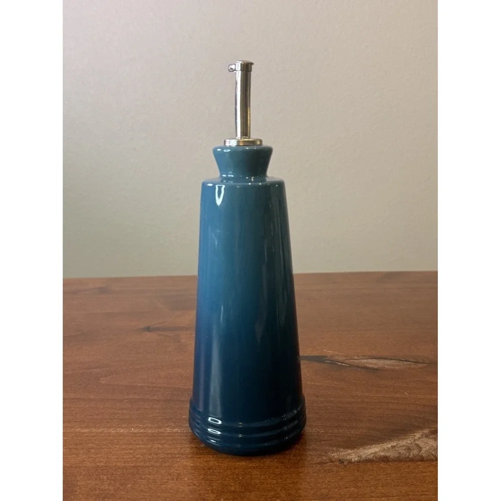 Rare Signature Le Creuset Stoneware Teal Blue Oil Cruet 10oz 300ml Container